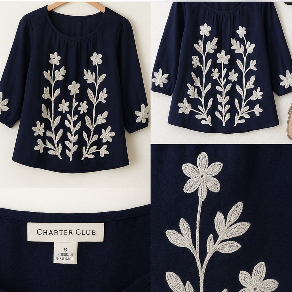 Charter Club Navy Floral Embroidered Blouse – Size Small